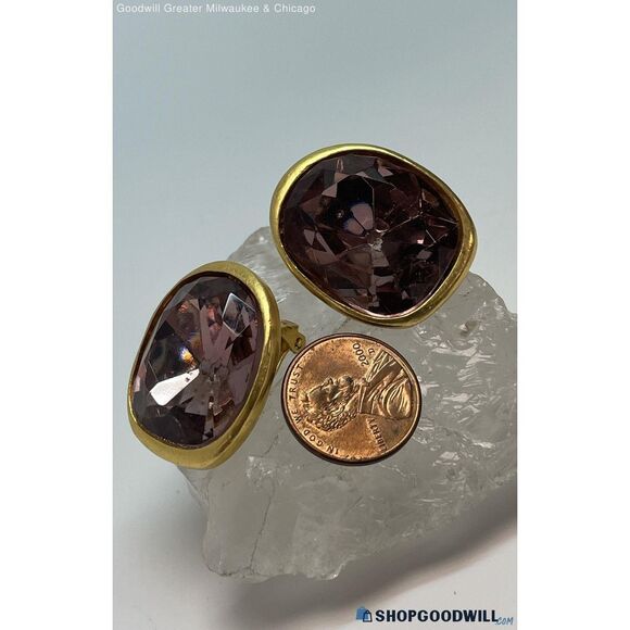 VTG Kenneth Jay Lane Gold Tone Pink Purple Crystal Statement Clip Earrings 23.2g - Picture 5 of 5